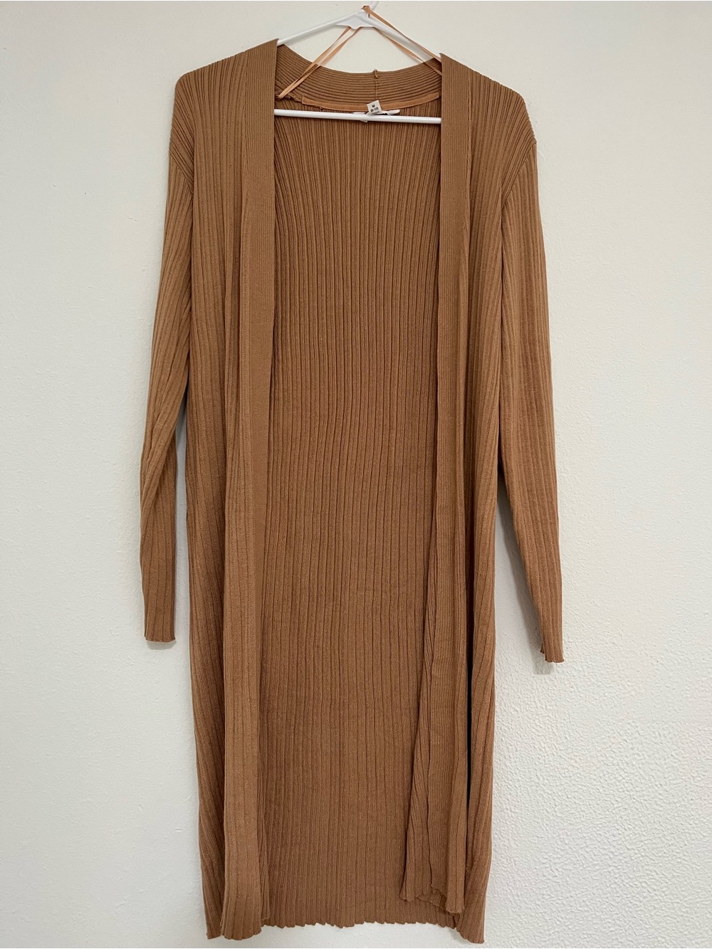 Ribbed Open-Front Long Cardigan Sweater - Camel